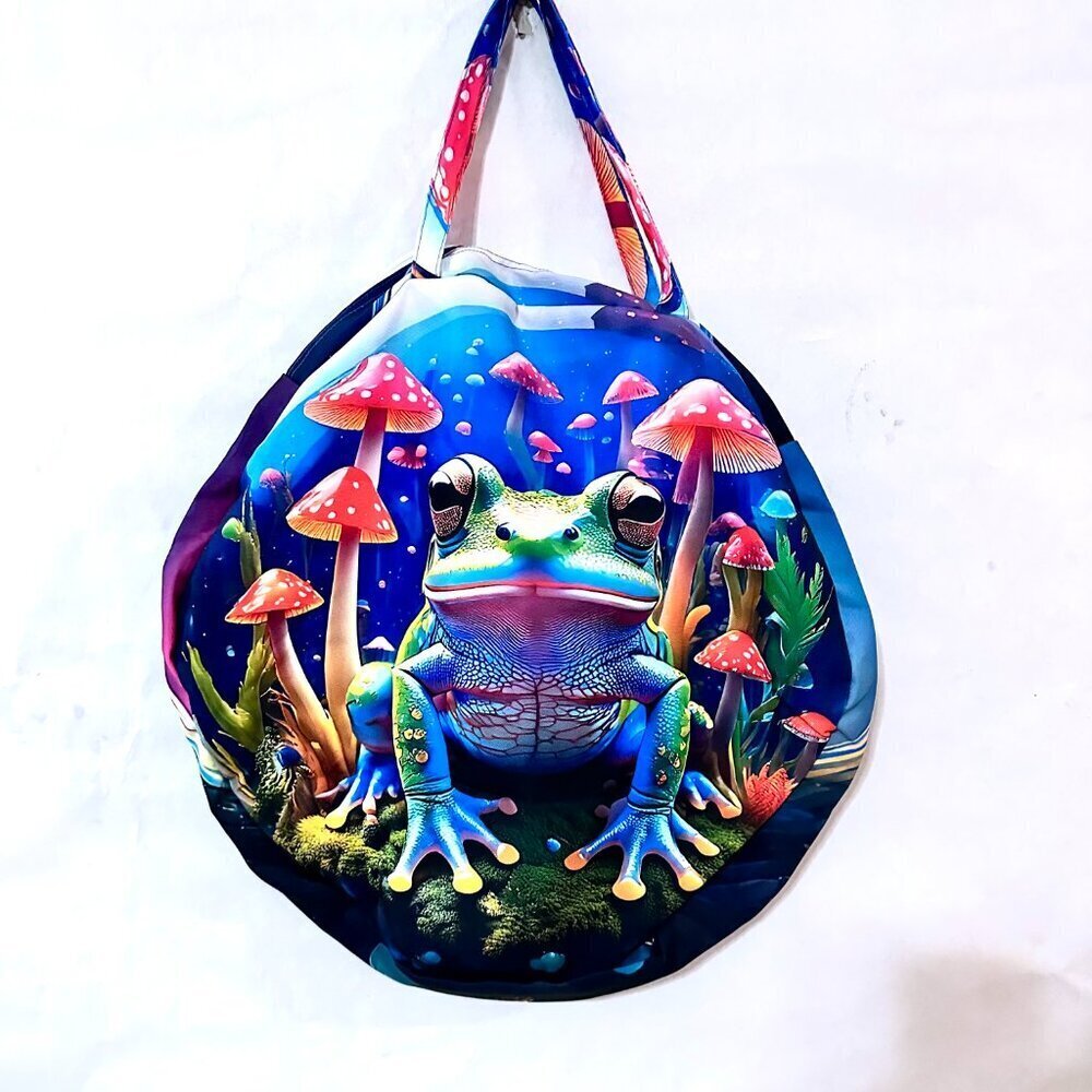 Psychedelic Mushroom Frog Gigantic Round Tote Huge Canvas Circle Bag 3D Festival - Picture 11 of 11